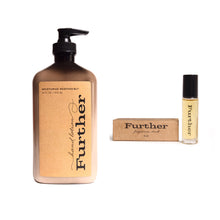 Load image into Gallery viewer, Set of 'Further' products including a bottle, bar, and rollerball on a white background